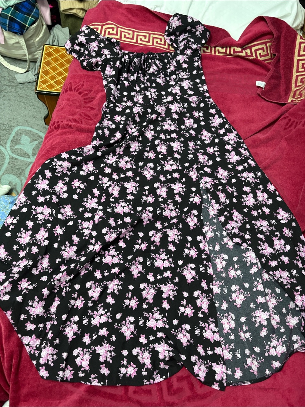 SHEIN Black Dress with Pink Floral Print, Off-Shoulder Casual